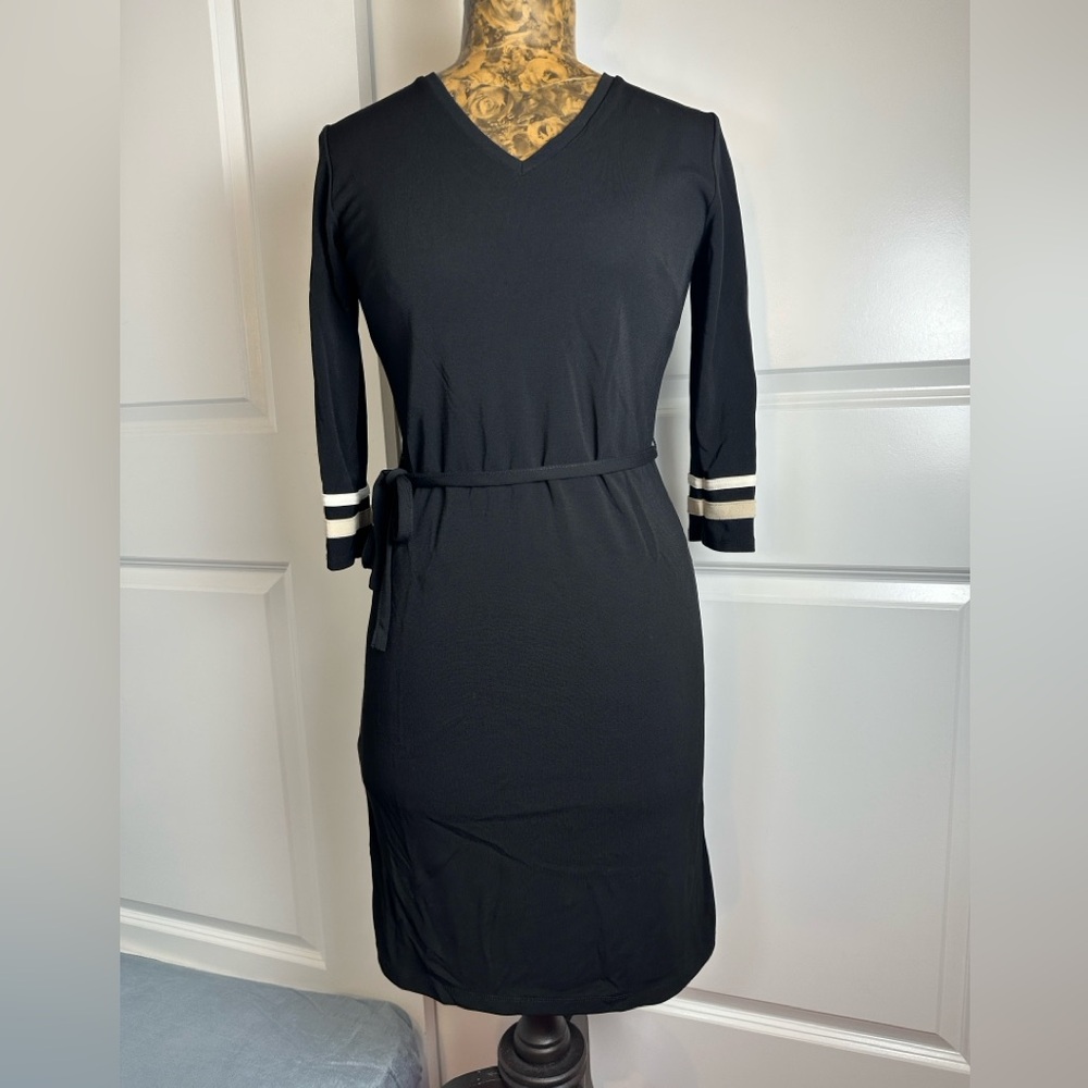 LOFT Black V-Neck Midi Dress with Contrast Stripe Sleeves